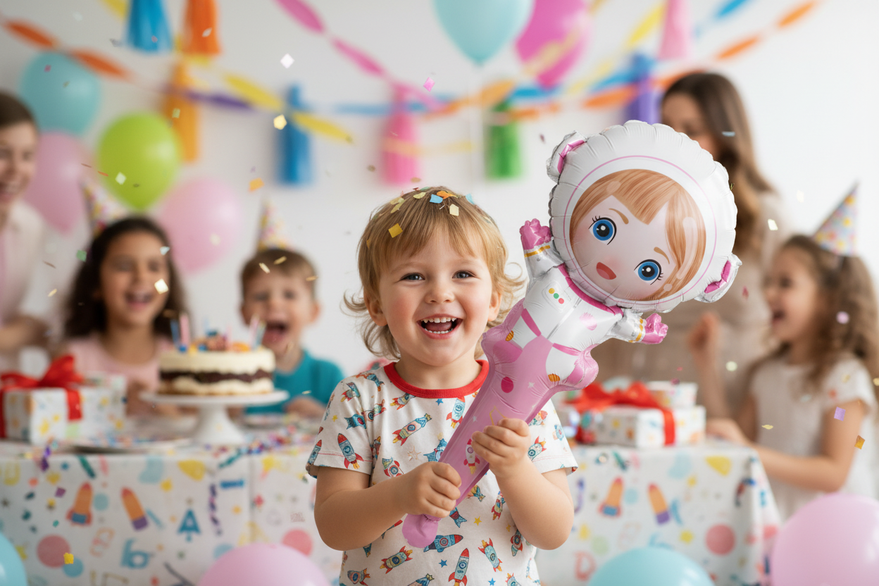 Kid playing with astronaut girl balloon stick toy at a birthday party