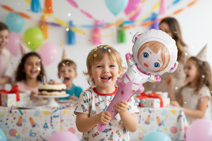 Kid playing with astronaut girl balloon stick toy at a birthday party